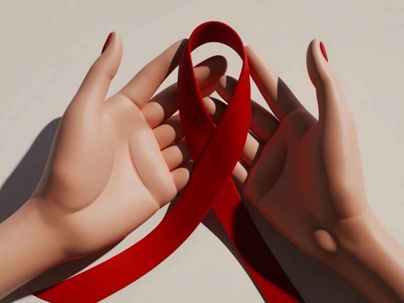 Manos sosteniendo un listón rojo, símbolo de concientización, prevención y apoyo en VIH