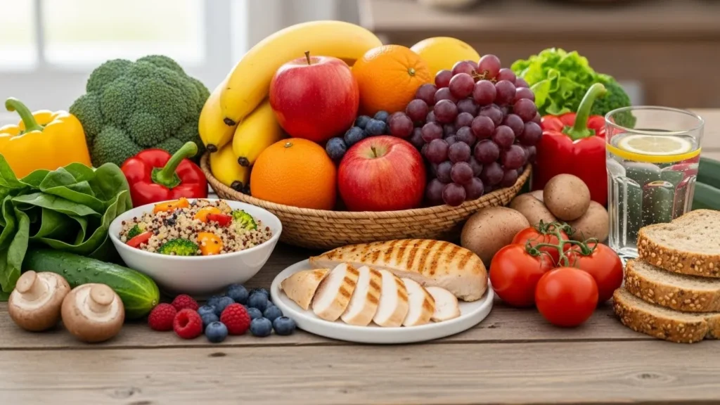 Frutas, verduras y alimentos balanceados sobre mesa de cocina