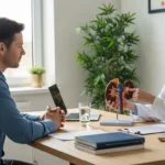 Paciente adulto sentado en una sala de consulta médica, con un modelo anatómico de riñones