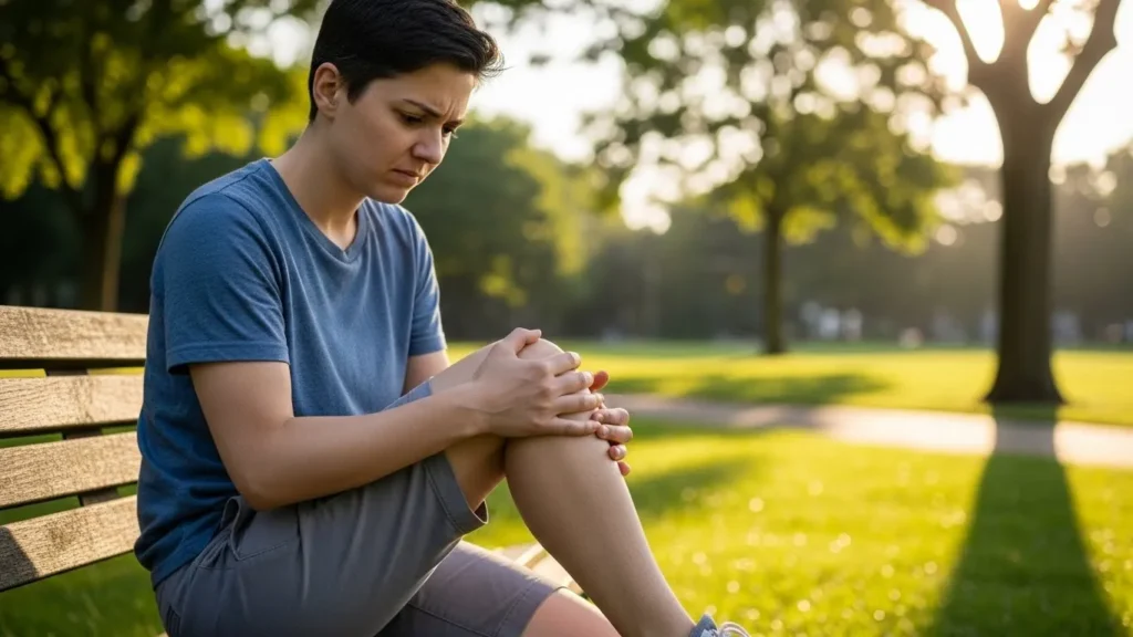Persona tocándose la rodilla con expresión de molestia