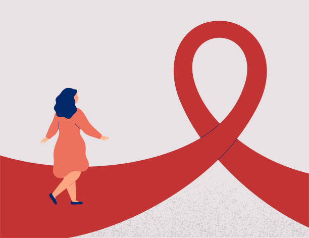 ilustración mujer caminando en lazo rojo símbolo de vih