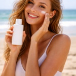 Mujer aplicando protección solar en la playa