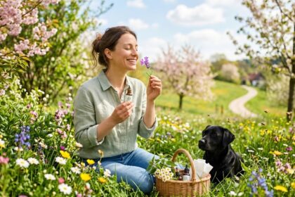 Mujer entre flores de primavera