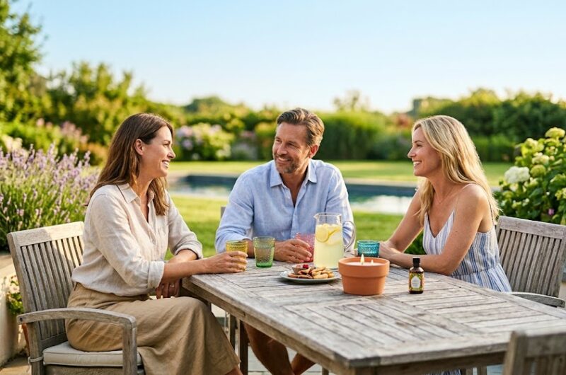 tres personas en el jardín durante verano